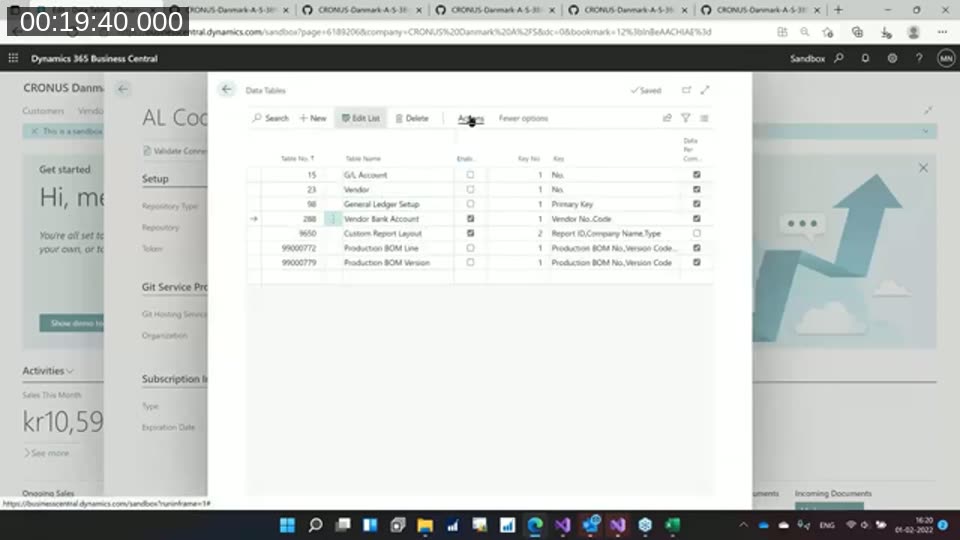 Data Tables setup page listing tracked tables including G/L Account, Vendor, and Vendor Bank Account
