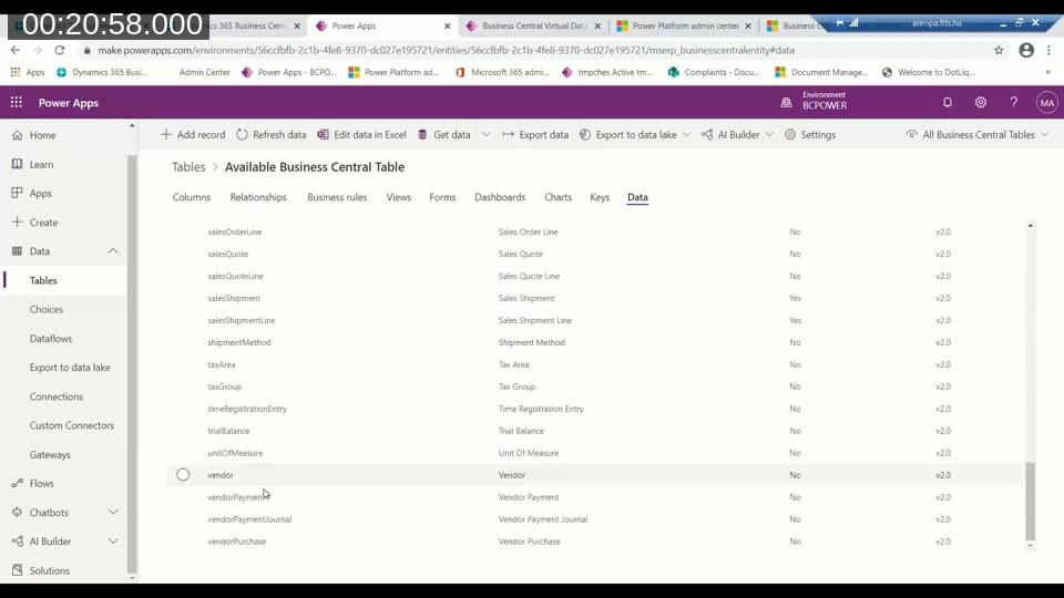 List of Available Business Central Tables in Power Apps, showing the default API entities that can be marked visible