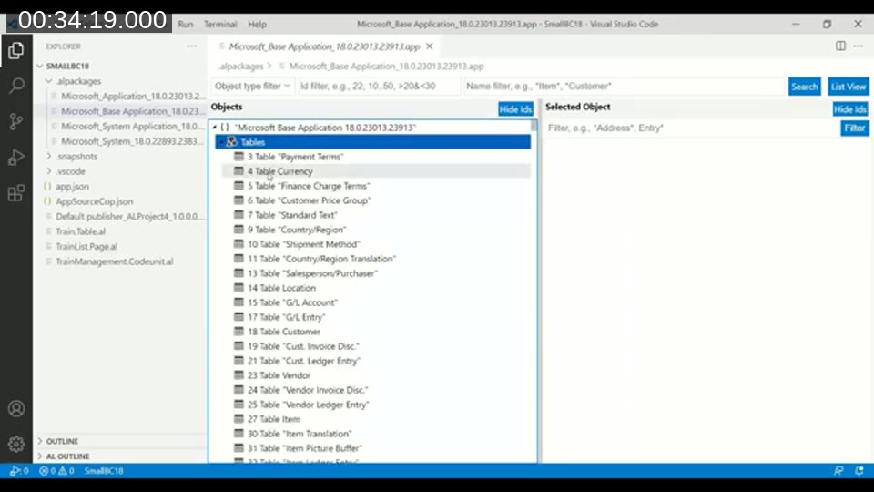 AZ AL Dev Tools Symbol Browser listing tables from the Microsoft Base Application, similar to the classic C/AL Object Designer