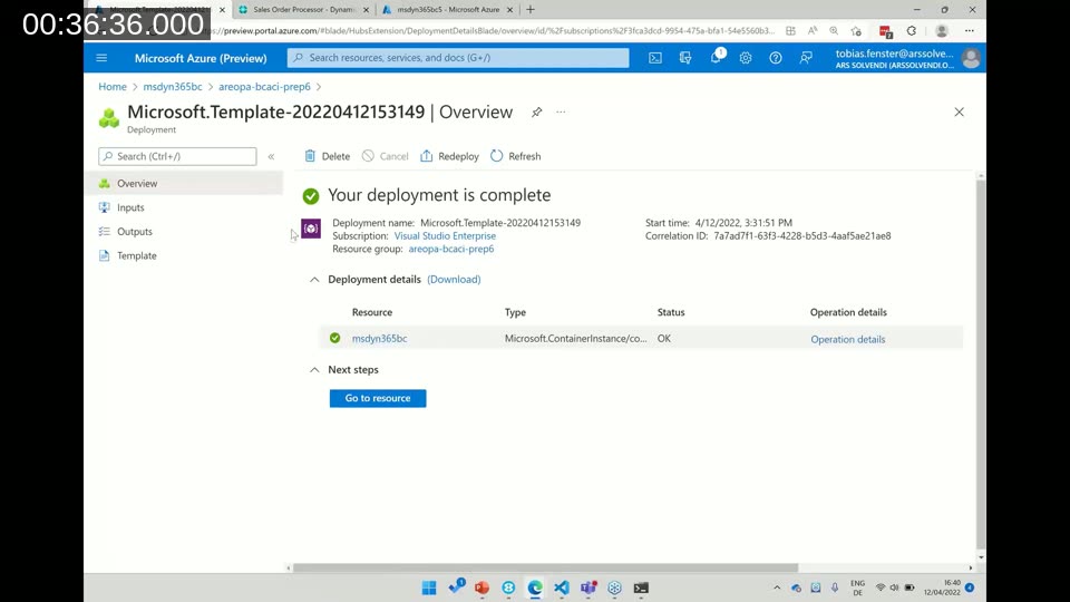 Azure portal showing a completed deployment of a Business Central container instance resource