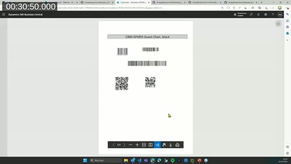 Printed document showing five different barcode and QR code formats generated from Business Central