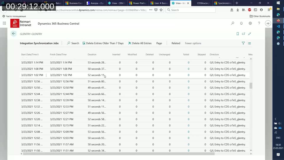 Business Central Integration Synchronization Jobs page showing the GL Entry replication job running every five minutes