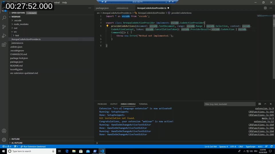 New AreopaCodeActionProvider.ts file implementing vscode.CodeActionProvider with an empty provideCodeActions method