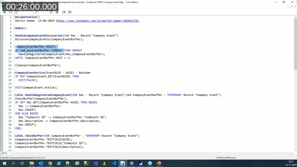 Codeunit 70000 Company Event Mgt. showing HandleCompanyEventDiscoveries, CompanyEventActive, and Cleanup functions