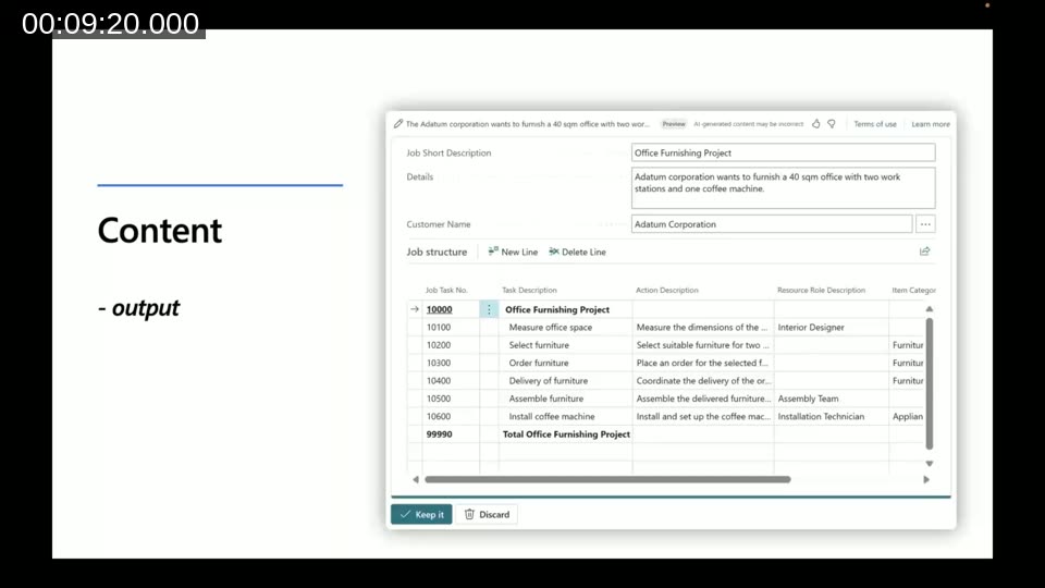 Content output showing a generated Office Furnishing Project with multiple job task lines