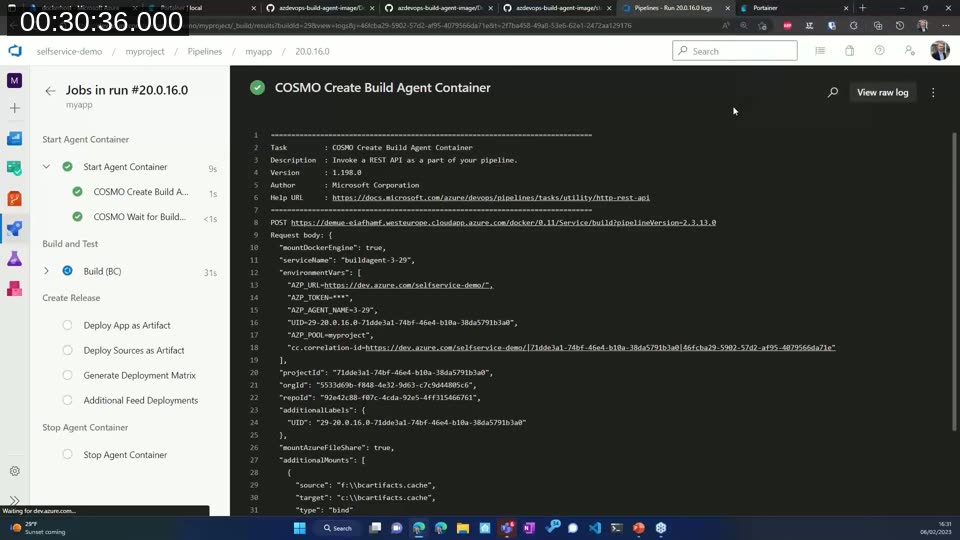 Azure DevOps pipeline run showing the Start Agent Container and Stop Agent Container jobs surrounding the build job in the Cosmo Alpaca real-life example