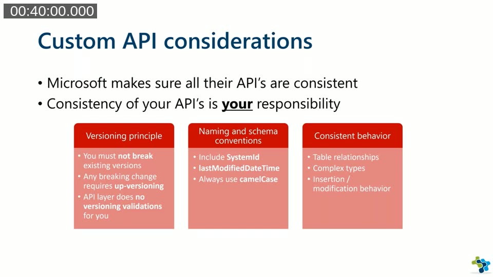 Custom API considerations: versioning principle, naming conventions, and consistent behavior