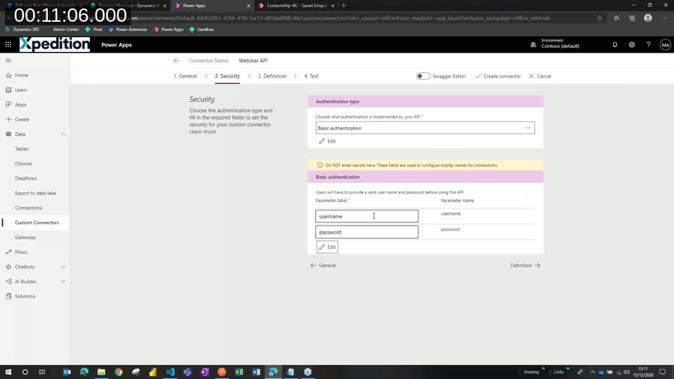 Custom connector Security tab set to Basic authentication with generic username and password parameter labels
