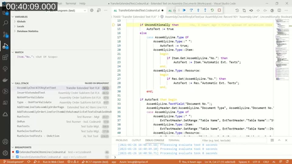 VS Code debugger CALL STACK panel showing the chain from test code up through app code to the AL Test Tool