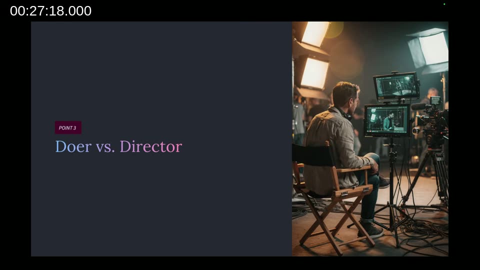Section title slide 'Point 3: Doer vs. Director' with a film director sitting in front of monitors on a film set