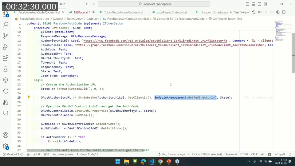 AL code for the FacebookAuthCode codeunit building the authorization URL and invoking the OAuth2 Control Add-in popup