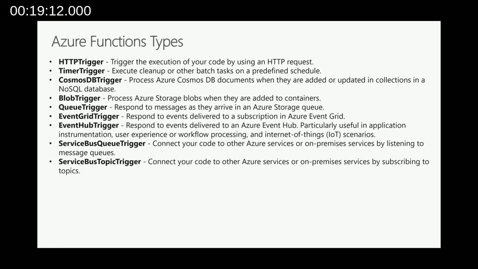 Nine Azure Functions trigger types: HTTP, Timer, CosmosDB, Blob, Queue, EventGrid, EventHub, ServiceBusQueue, ServiceBusTopic
