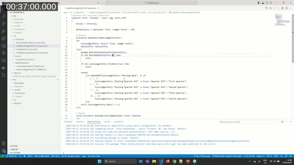 AL code demo using NavApp.GetCallerModuleInfo to check which extension is calling the install procedure