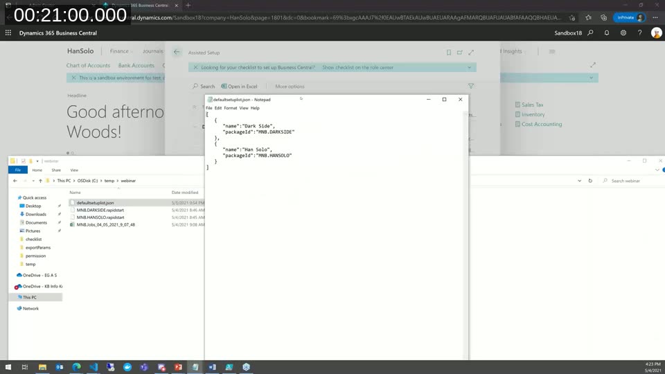 Business Central Assisted Setup page in the background with a Notepad window in front showing the JSON file listing the Han Solo and Dark Side configuration packages