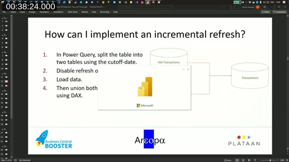 Slide listing four steps to implement incremental refresh manually: split the table by cutoff date, disable refresh on the old table, load data, then union both tables using DAX