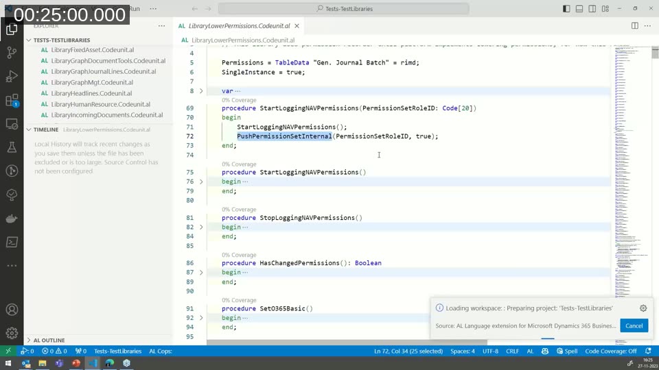 Library - Lower Permissions codeunit source code showing StartLoggingNAVPermissions and PushPermissionSetInternal