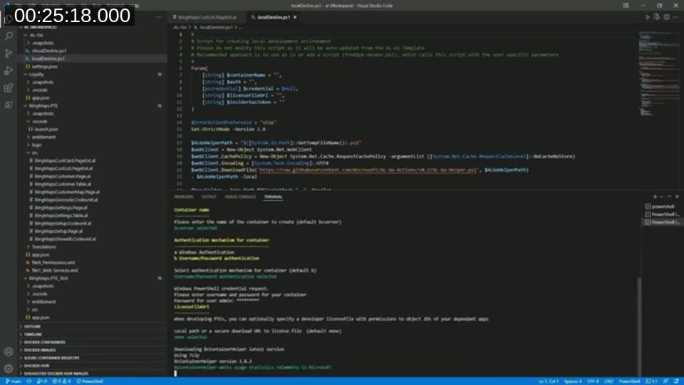 VS Code showing the .AL-Go folder with localDevEnv.ps1 and a terminal running the local development environment setup script