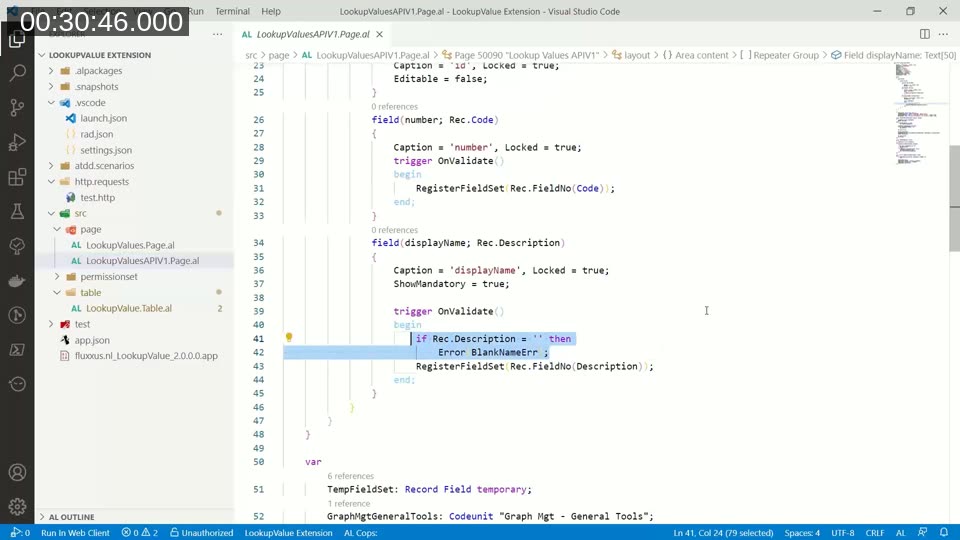 AL code for the LookupValuesAPIV1 page extension showing field definitions and an OnValidate trigger that errors on an empty description