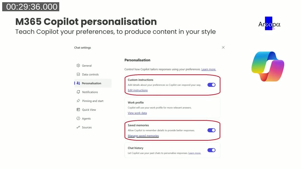 Microsoft 365 Copilot personalization settings showing custom instructions and saved memories toggles