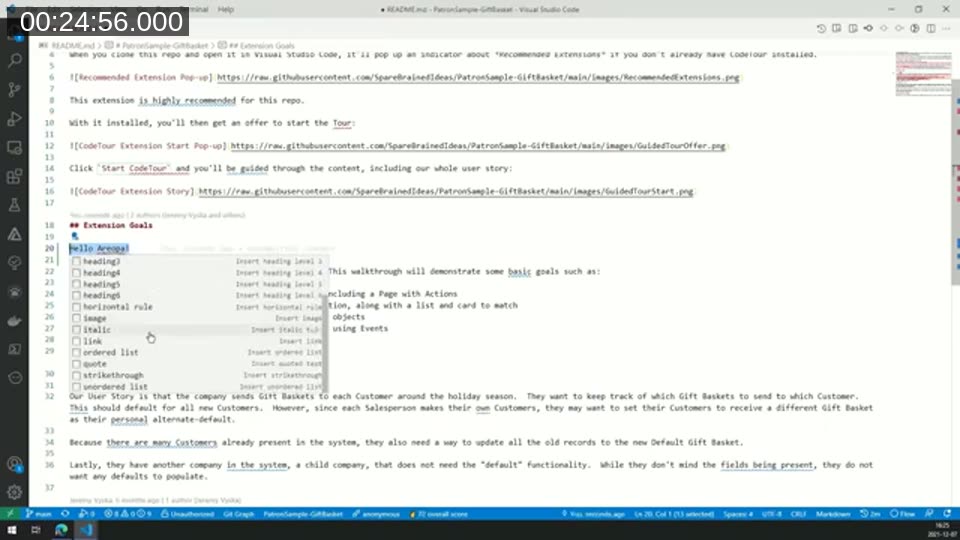 Markdown All in One formatting shortcut menu open over a README.md file