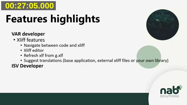 Slide listing NAB AL Tools feature highlights for VAR developers: XLIFF navigation, XLIFF editor, refresh XLF from g.xlf, and translation suggestions