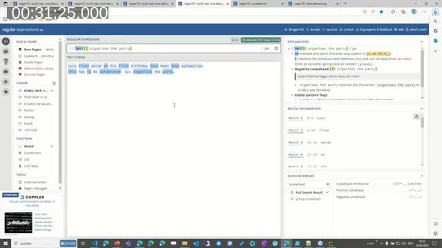 regex101.com showing a negative lookahead pattern excluding the word 'Luc' because it is followed by 'organizes the party'