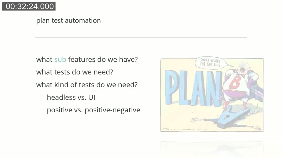 Slide on planning test automation: which sub-features, which tests, headless versus UI, positive versus positive-negative tests