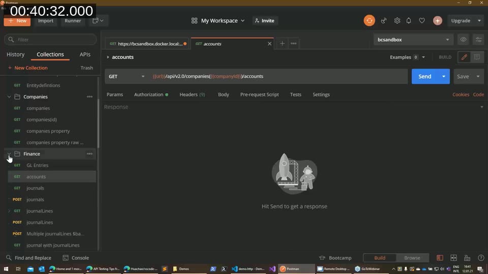 Postman workspace showing BC API v1.0 and v2.0 Demo collections organized into folders like Companies, Finance, and Sales
