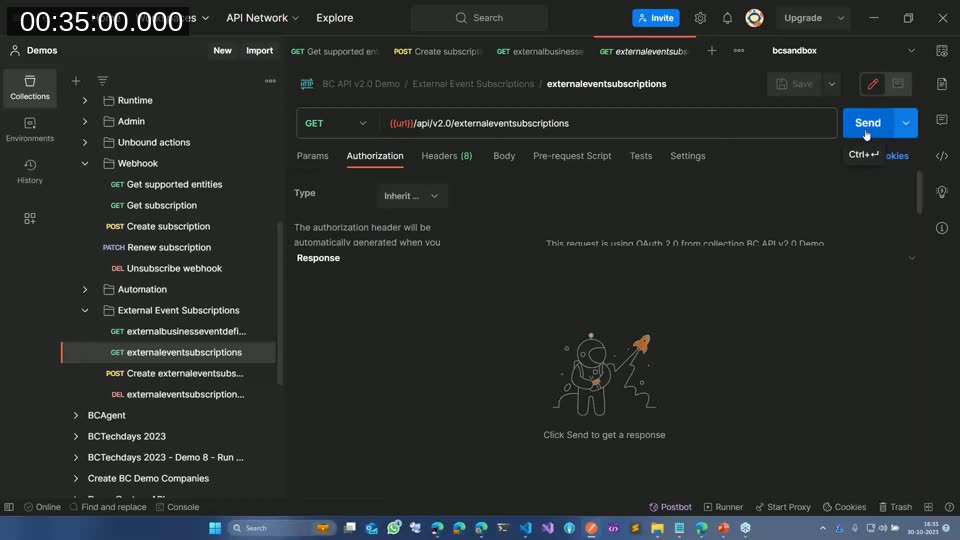 Postman collection showing the External Event Subscriptions API endpoints