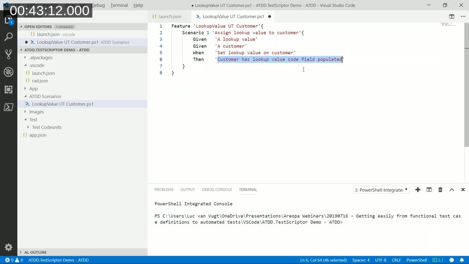 VS Code showing a PowerShell ATDD scenario file with Feature, Scenario, Given, When, and Then keywords recognised by the ATDD.TestScriptor module
