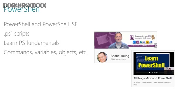 Slide titled 'PowerShell' recommending PowerShell fundamentals and Shane Young's 'Learn PowerShell' YouTube playlist