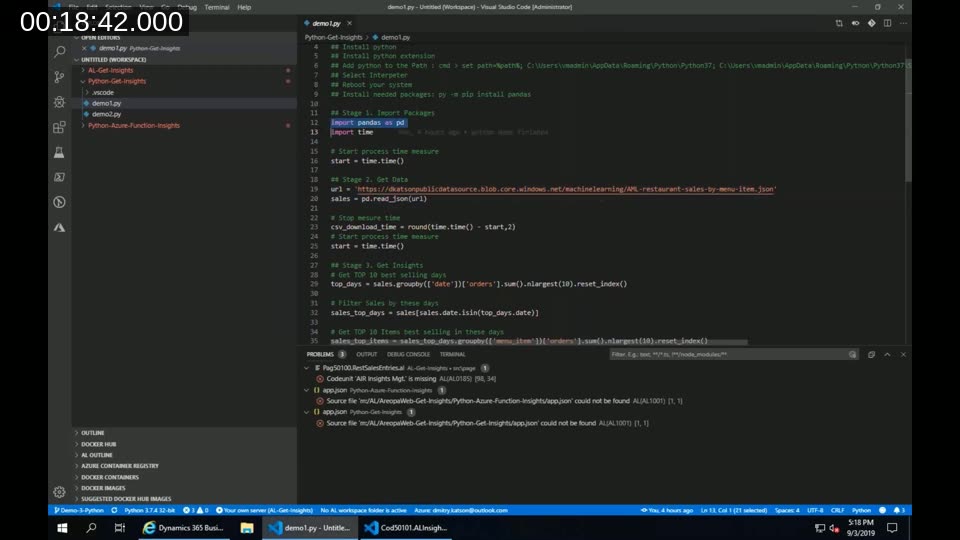 VS Code showing demo1.py: loading JSON data from Azure Blob Storage with pandas and computing top 10 items