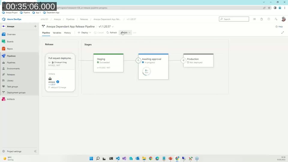 Azure DevOps release pipeline showing three stages: Staging succeeded, Awaiting approval in progress, and Production not deployed