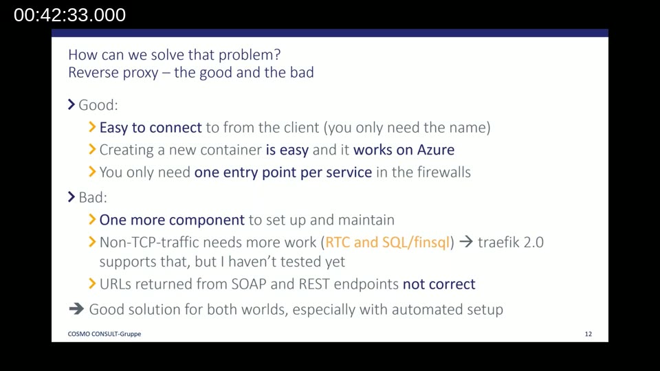 Slide: Reverse proxy — the good and the bad; works on Azure and on-premises with only one firewall entry point needed