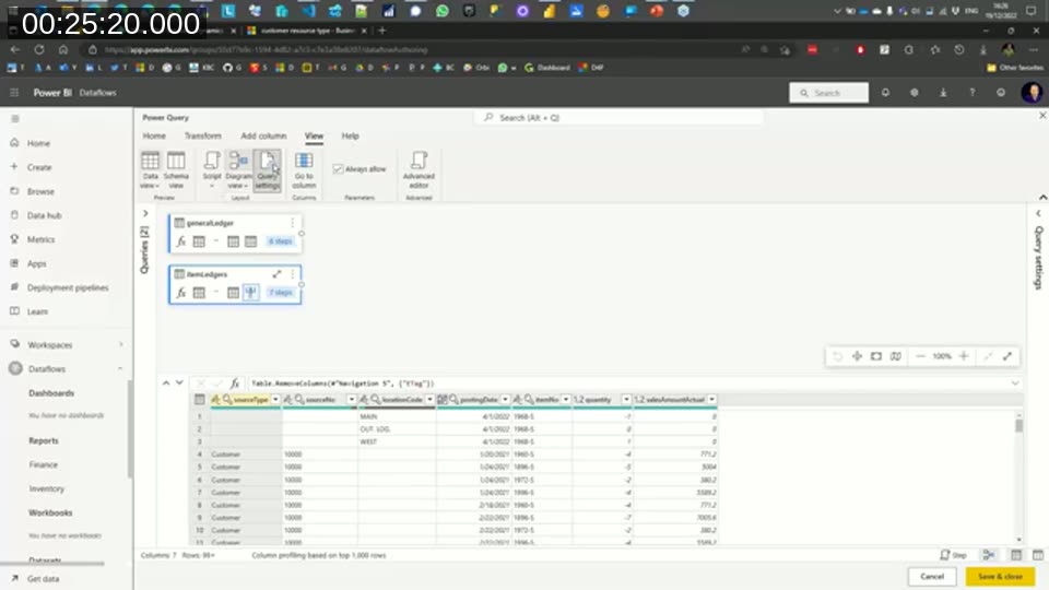 Power BI 'Start creating your dataflow' screen with four options: Define new tables, Link tables from other dataflows, Import Model, and Attach a Common Data Model folder