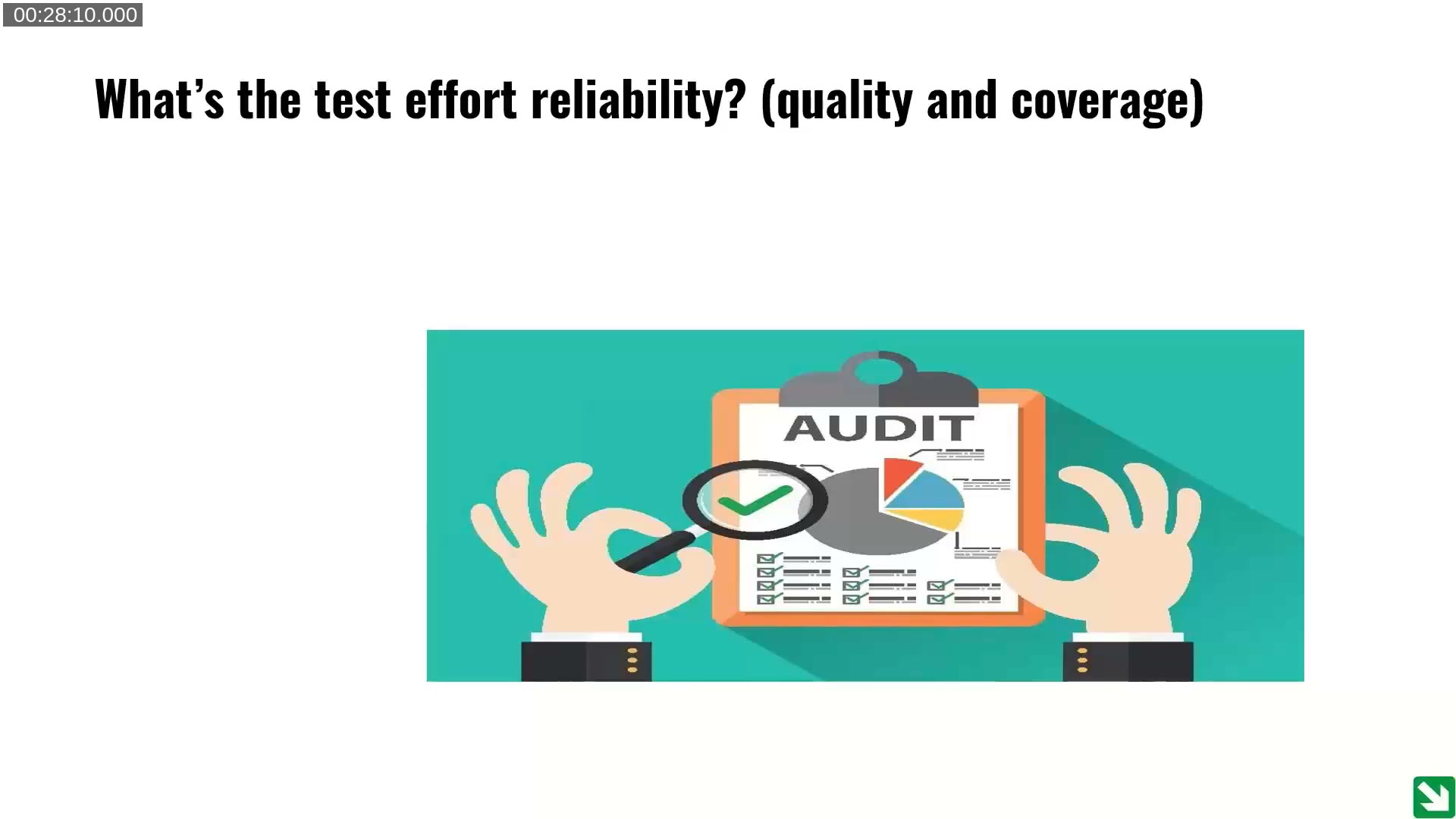 Illustration of an audit checklist representing test effort reliability, quality, and coverage
