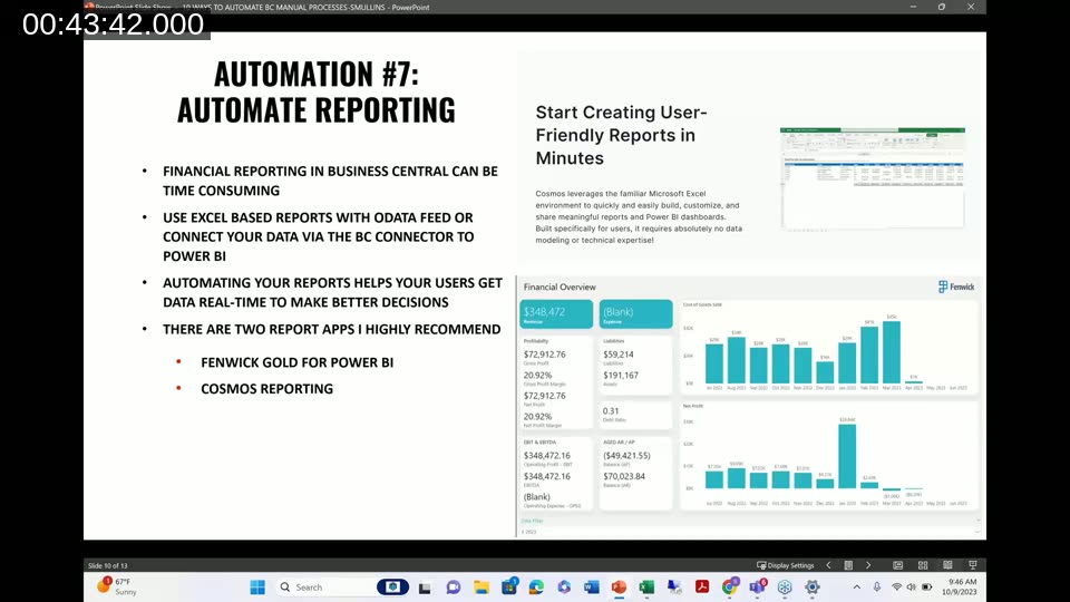 Automation tip 7 slide comparing Excel/OData-based reporting to Fenwick Gold and Cosmos Reporting dashboards for Business Central