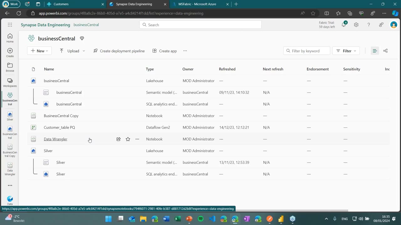 Fabric workspace artifact list: the businessCentral Lakehouse with its semantic model and SQL endpoint, a Customer_table Dataflow Gen2, a Data Wrangler notebook, and a Silver Lakehouse.