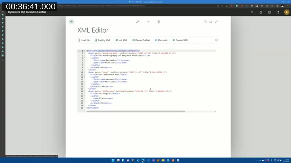 Bookstore XML with a default xmlns namespace attribute added to the root element