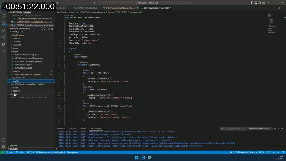 AL code showing ApplicationArea = All set once at the page level instead of on every field