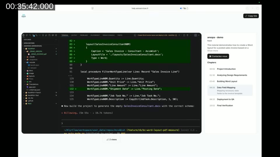VS Code screenshot showing AL code registering a Word layout object and mapping sales invoice line fields, from the live Claude Code demo