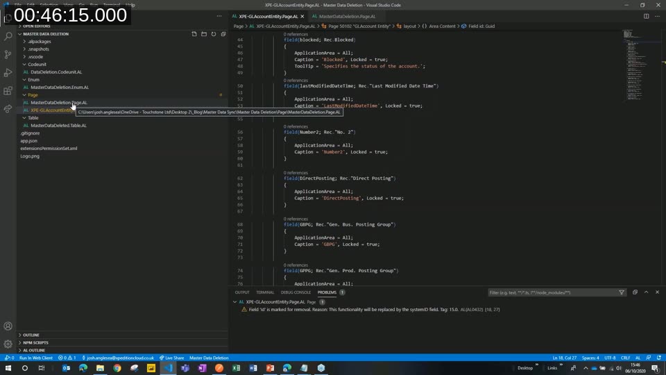 Visual Studio Code showing the AL project for the custom GL Account Entity page, with additional fields like LastModifiedDateTime, Number2, DirectPosting, and GBPG