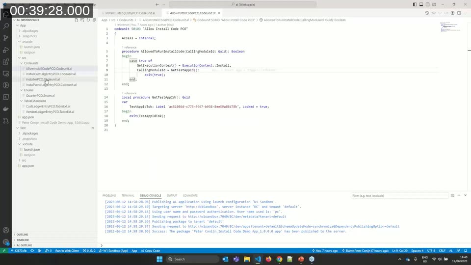Full AllowInstallCodePCO codeunit combining GetExecutionContext and a hardcoded test app ID check