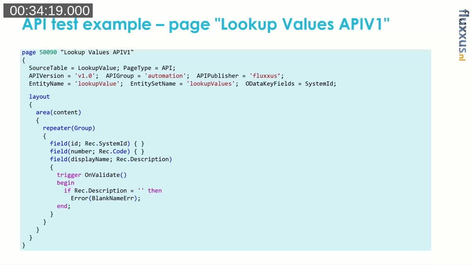 Slide showing the full AL source of the Lookup Values APIV1 page, including APIVersion, APIGroup, APIPublisher, and EntityName properties