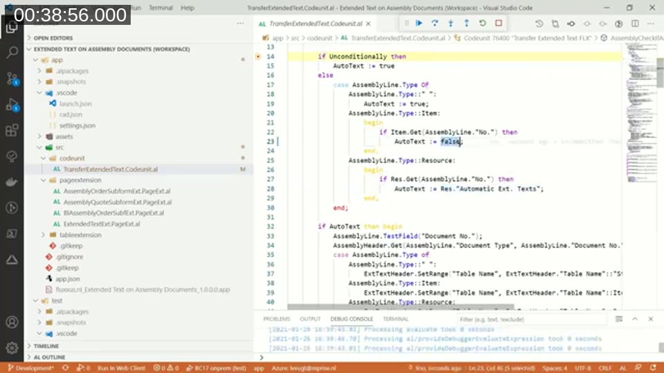 AL code in TransferExtendedText.Codeunit.al with the line 'AutoText := false' selected, showing the source of the bug