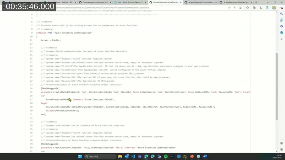 Source code of the Azure Functions Authentication codeunit on GitHub, showing OAuth2 and code authentication procedures