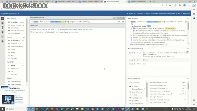 regex101.com showing a backreference pattern using \1 to require the same name in two capturing groups