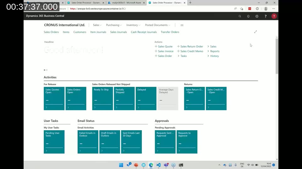 Business Central role center running in a browser at an azurecontainer.io URL after deployment