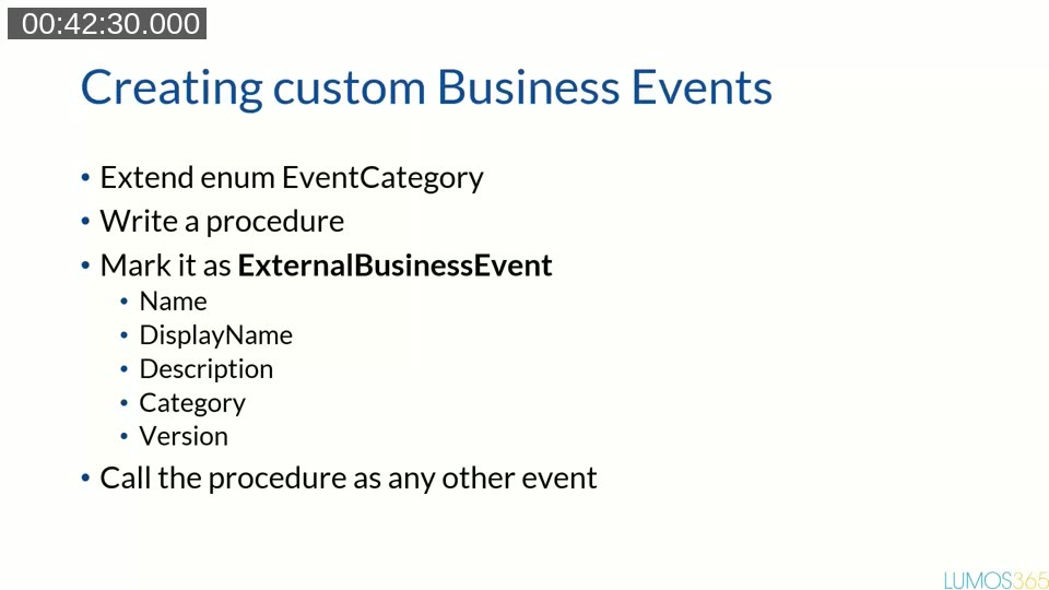 Slide summarizing the steps to create a custom business event in AL