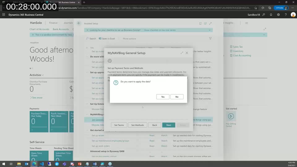 Custom MyNAVBlog General Setup wizard step for payment terms and methods with a confirmation dialog asking whether to apply the staged configuration package data
